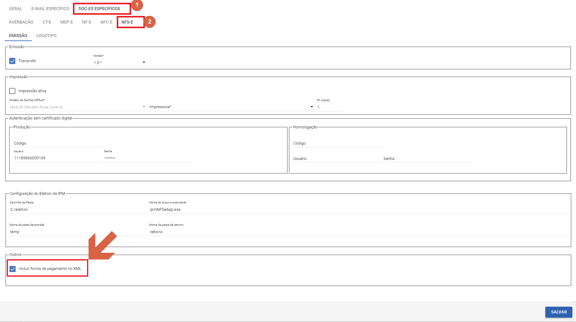 Formulário de edição da empresa com abas DOC-ES ESPECÍFICOS e NFS-E selecionadas; seção Outros com checkbox Incluir forma de pagamento no XML marcado