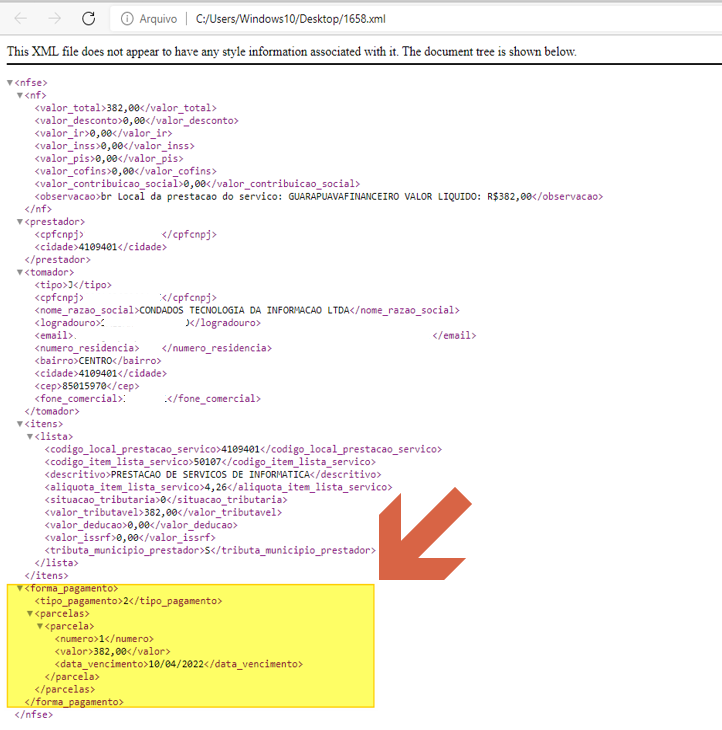 XML da NFS-e aberto no navegador com a seção de forma de pagamento destacada contendo os nós forma_comercial e parcelas