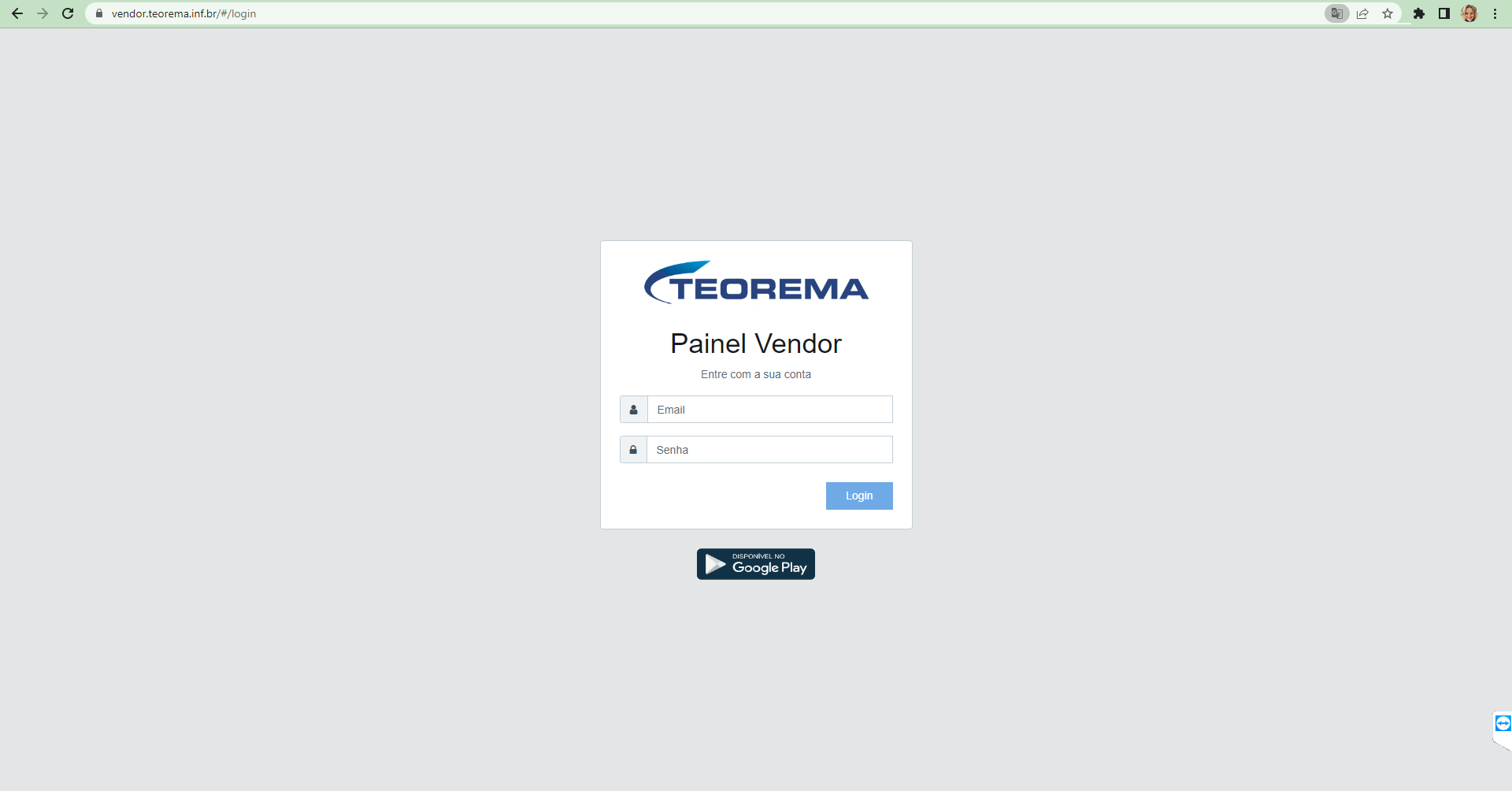 Tela de login do Painel Vendor com campos Email e Senha e botão Login