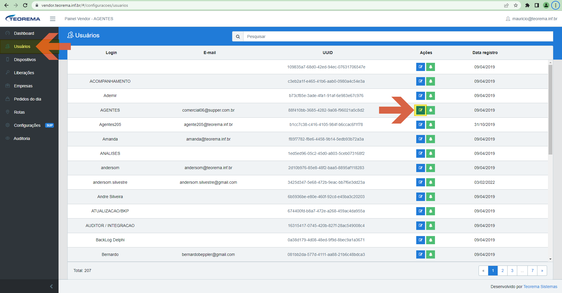 Tela Usuários do Painel Vendor com lista de usuários (Login, E-mail, UUID, Data registro) e botão Editar destacado