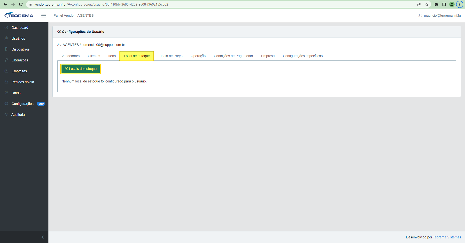 Aba Local de Estoque nas Configurações do Usuário com botão Locais de Estoque e mensagem informando que nenhum local foi configurado