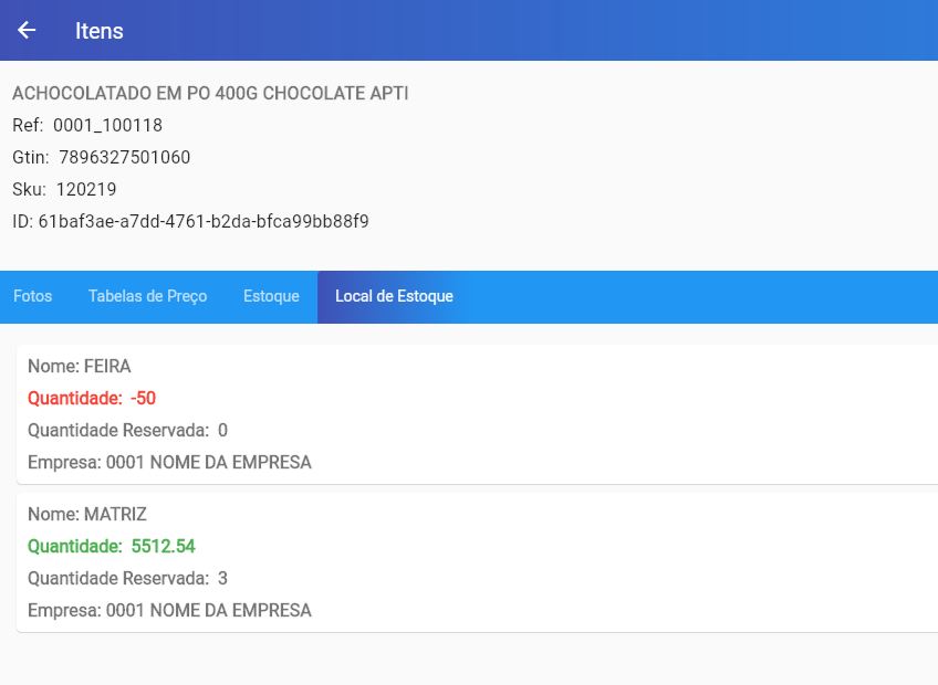 App Vendor (mobile) na aba Local de Estoque do item ACHOCOLATADO EM PO 400G mostrando FEIRA com Quantidade -50 e MATRIZ com Quantidade 5512,54