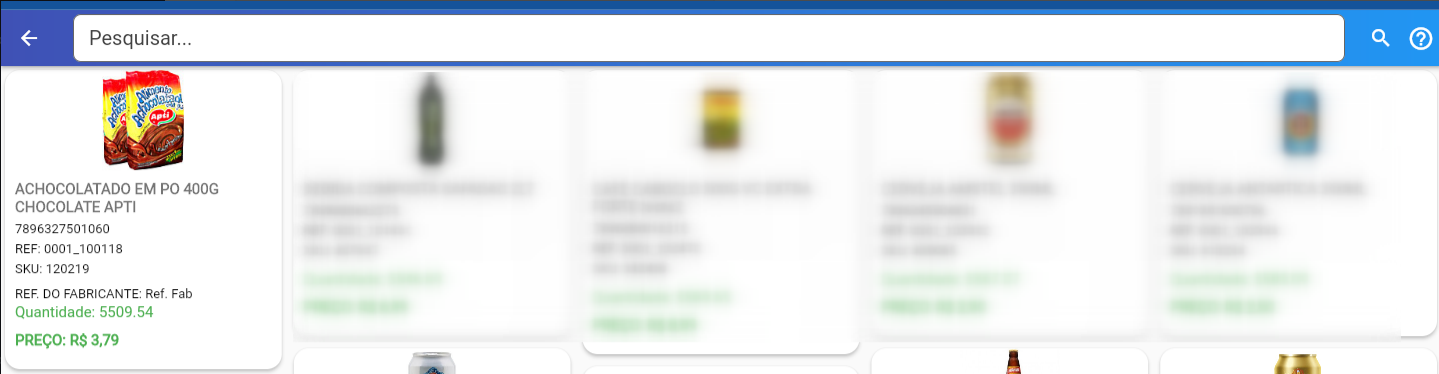 App Vendor (mobile) com listagem de itens exibindo ACHOCOLATADO EM PO 400G com Quantidade 5509,54
