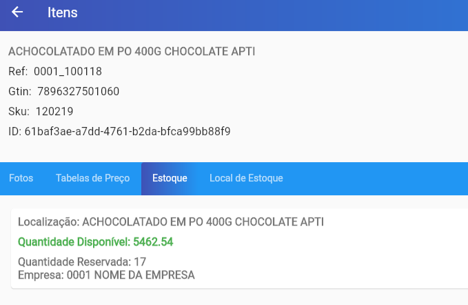 App Vendor (mobile) na aba Estoque do item ACHOCOLATADO EM PO 400G exibindo Quantidade Disponível 5462,54