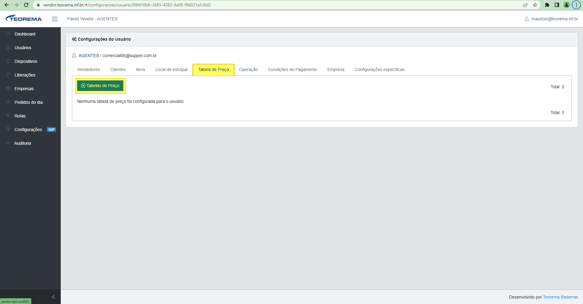 Aba Tabela de Preço nas Configurações do Usuário com botão Tabelas de Preço e mensagem informando que nenhuma tabela foi configurada