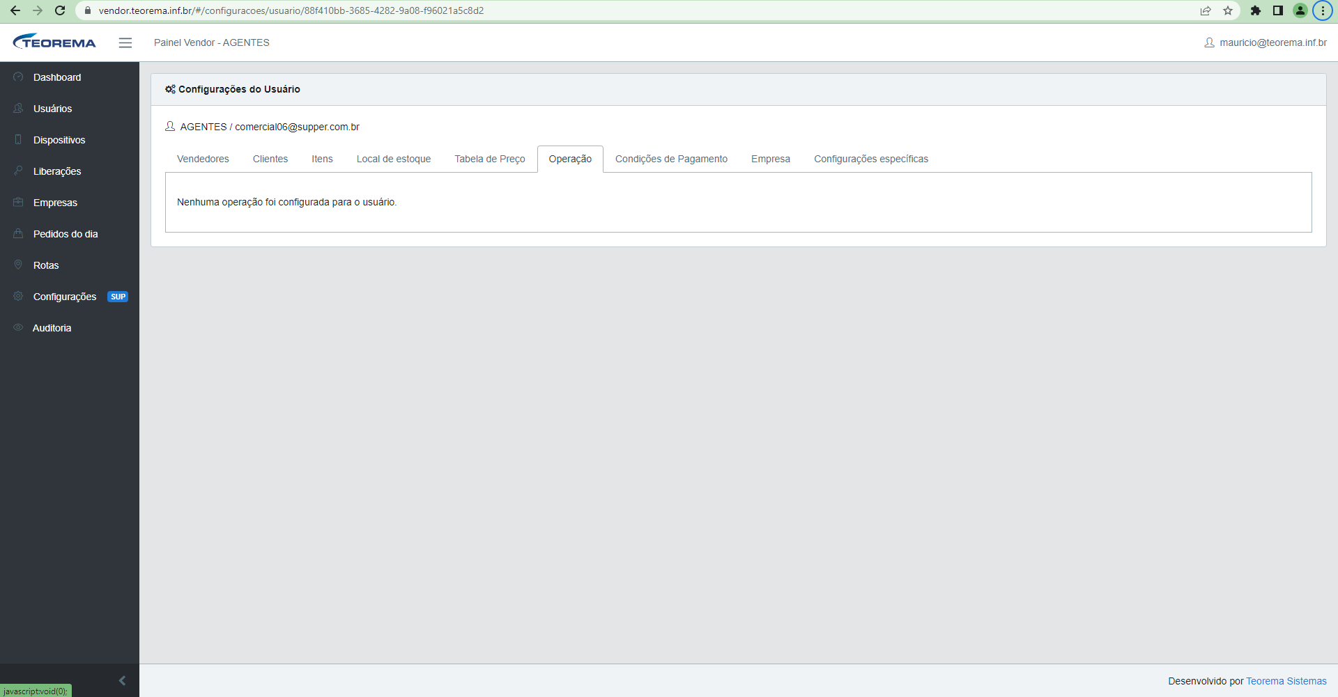 Aba Operação nas Configurações do Usuário com mensagem "Nenhuma operação foi configurada para o usuário"