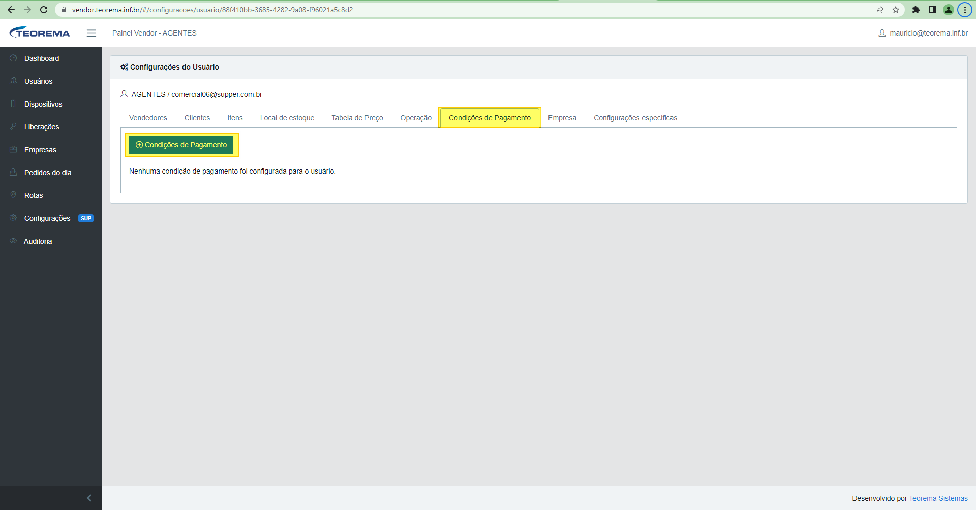 Aba Condições de Pagamento nas Configurações do Usuário com botão Condições de Pagamento e mensagem informando que nenhuma condição foi configurada
