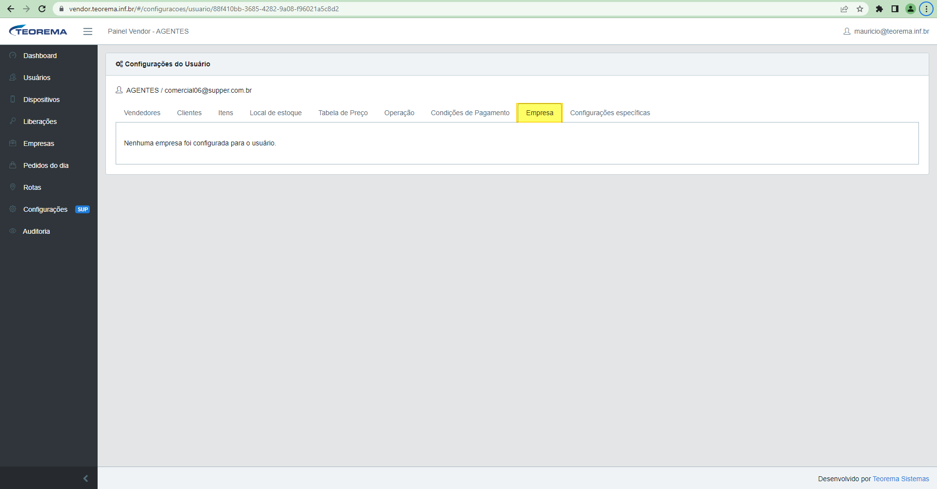 Aba Empresa nas Configurações do Usuário com mensagem "Nenhuma empresa foi configurada para o usuário"