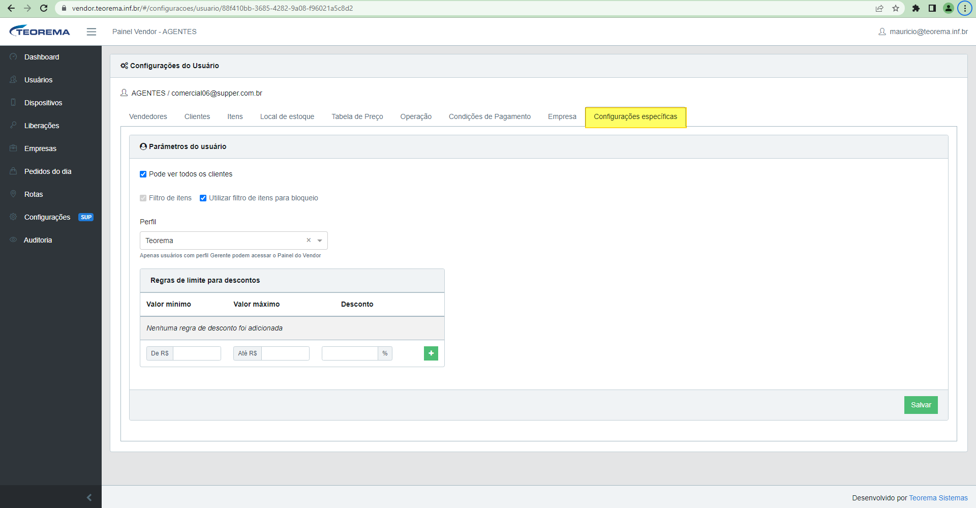 Aba Configurações específicas com seção Parâmetros do usuário: checkboxes Pode ver todos os clientes e Utilizar filtro de itens para bloqueio marcados, campo Perfil com valor Teorema, e seção Regras de limite para descontos com campos De R$/Até R$/% e botão Salvar