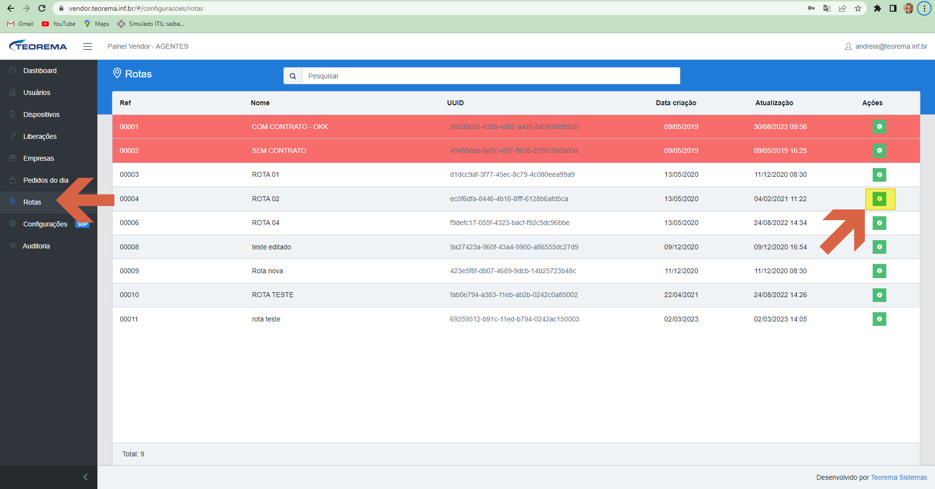 Tela Rotas do Painel Vendor com lista de rotas; linhas 00001 COM CONTRATO - OKK e 00002 SEM CONTRATO em vermelho indicando rotas inativas; botão Editar destacado