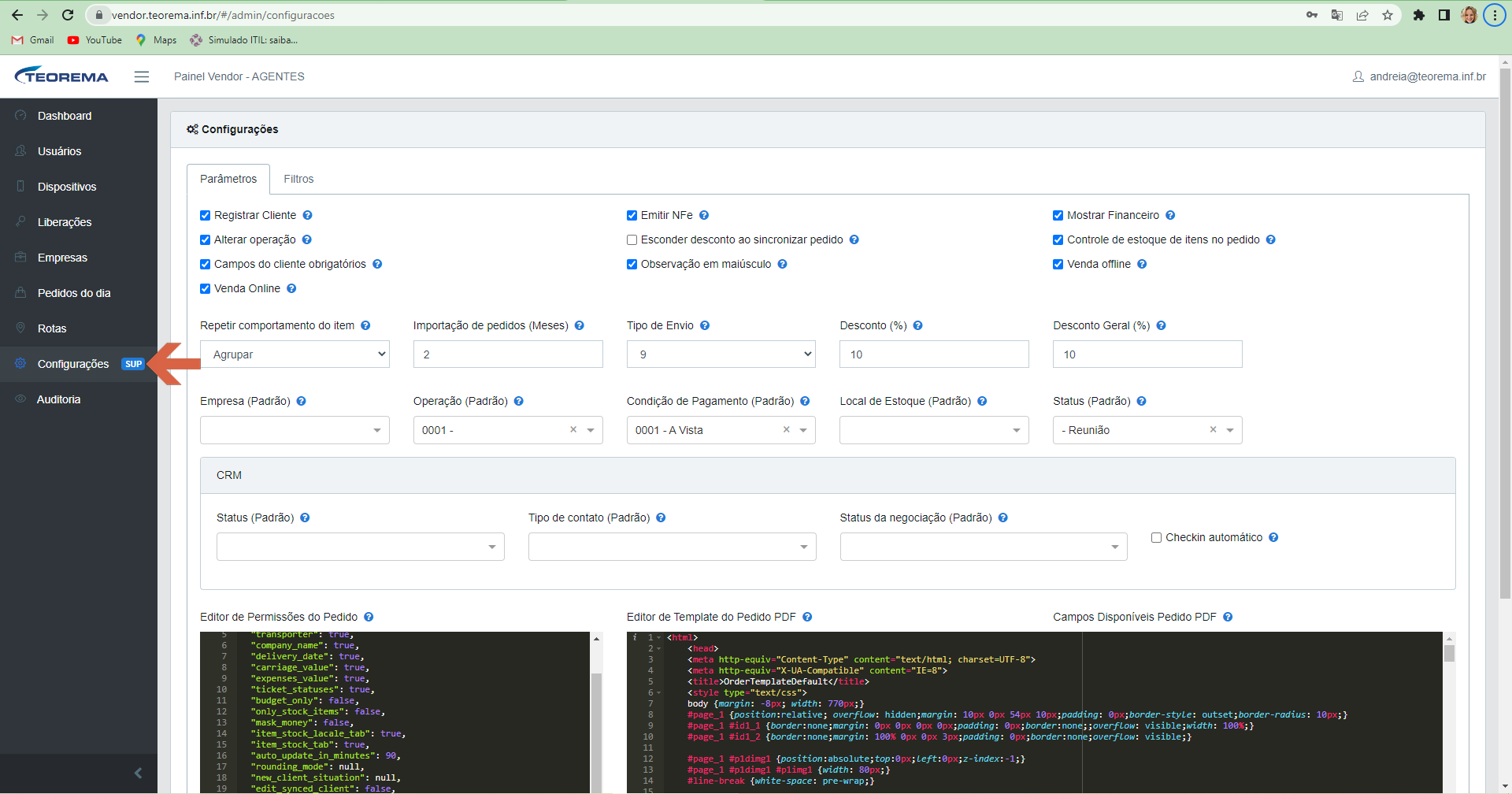 Tela Configurações SUP com lista de parâmetros avançados do sistema, checkboxes e campos de texto editáveis