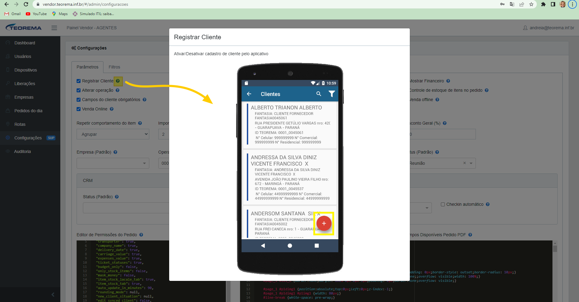 Tela Configurações SUP com modal Registrar Cliente sobreposto mostrando listagem de clientes no app mobile Vendor