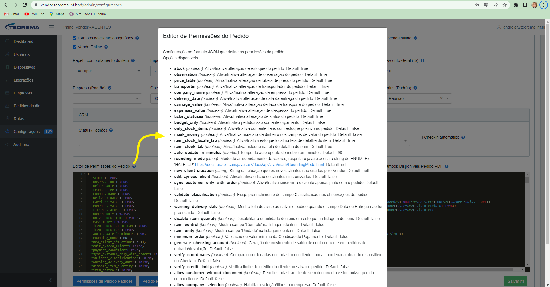 Tela Configurações SUP com modal Editor de Permissões do Pedido exibindo lista de opções configuráveis para o pedido