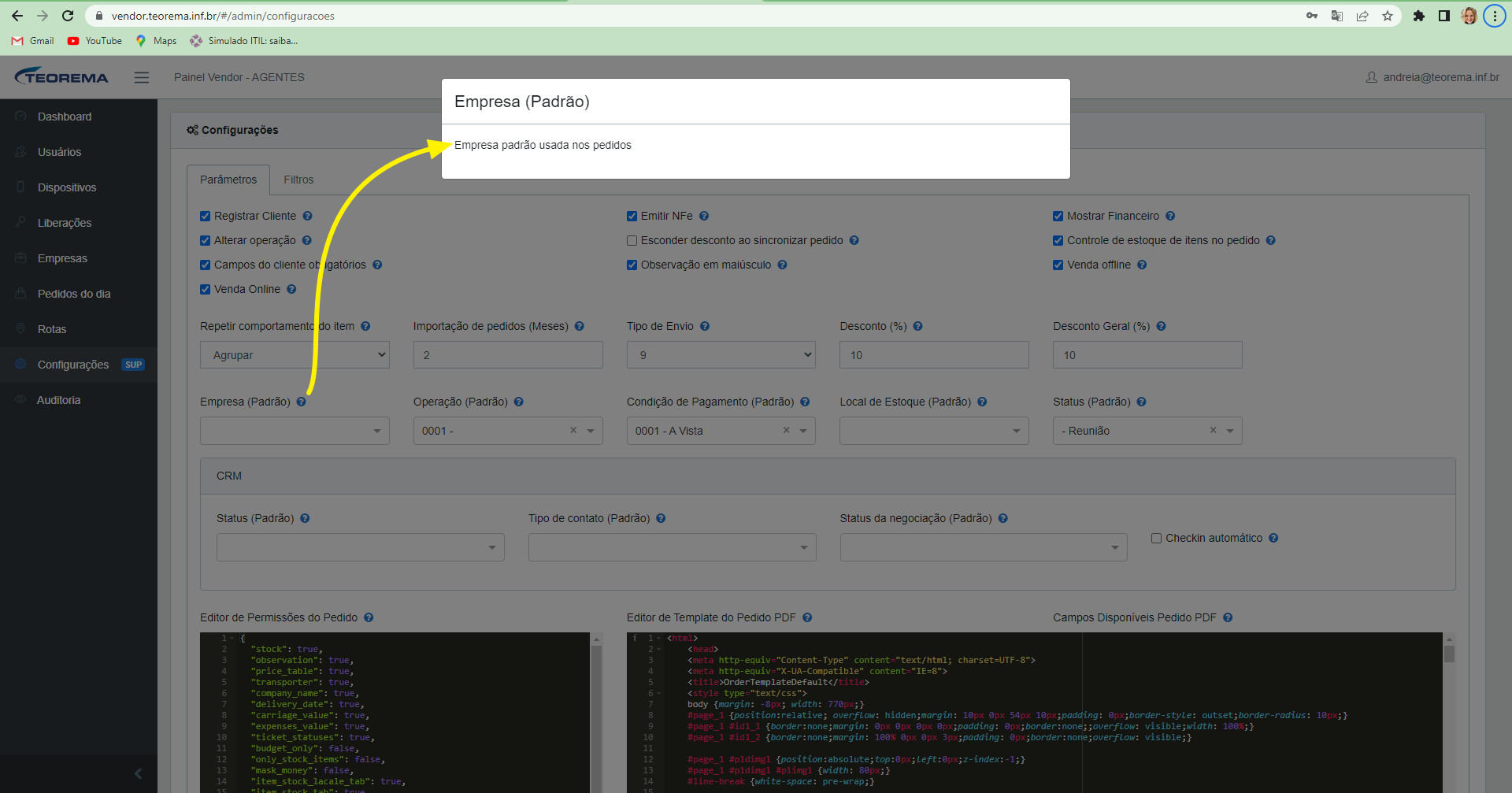 Tela Configurações SUP com tooltip do campo Empresa (Padrão) exibindo o texto "Empresa padrão usada nos pedidos"