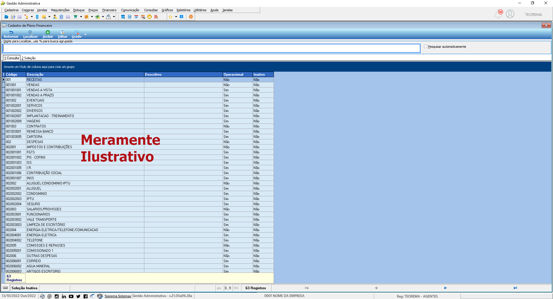 Cadastro de Plano Financeiro com grade de contas exibindo colunas Código, Descrição, Descritivo, Operacional e Inativo