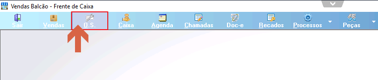 Barra de menus do Vendas Balcão - Frente de Caixa com a aba O.S. destacada por seta