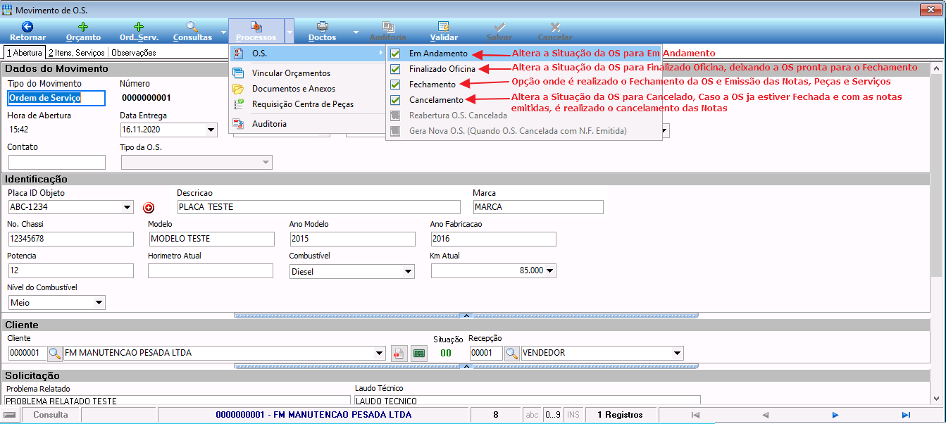 Tela Movimento de O.S. com menu Processos expandido, submenu O.S. exibindo as opções Em Andamento, Finalizado Oficina, Fechamento e Cancelamento com suas descrições; também visíveis: Vincular Orçamentos, Documentos e Anexos, Requisição Centra de Peças e Auditoria