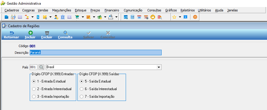 Cadastro de Regiões com Código "001", Descrição "Paraná", País "001 Brasil" e opções de Dígito CFOP para Entradas (1 - Entrada Estadual, 2 - Entrada Interestadual, 3 - Entrada Importação) e Saídas (5 - Saída Estadual, 6 - Saída Interestadual, 7 - Saída Importação)
