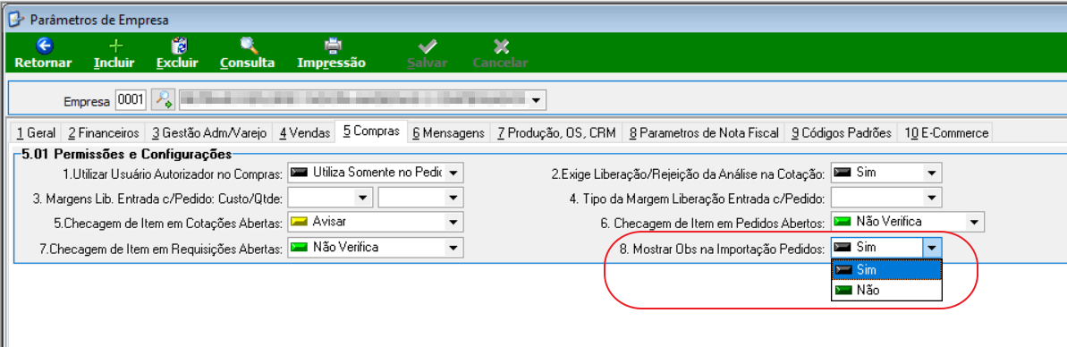 Tela Parâmetros de Empresa, aba 5 Compras, seção 5.01 Permissões e Configurações, com o campo "8. Mostrar Obs na Importação Pedidos" exibindo dropdown com as opções Sim e Não