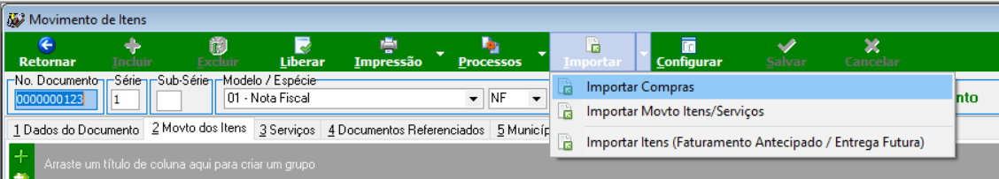 Tela Movimento de Itens com menu do botão Importar expandido, exibindo as opções: Importar Compras, Importar Movto Itens/Serviços, Importar Itens (Faturamento Antecipado / Entrega Futura)