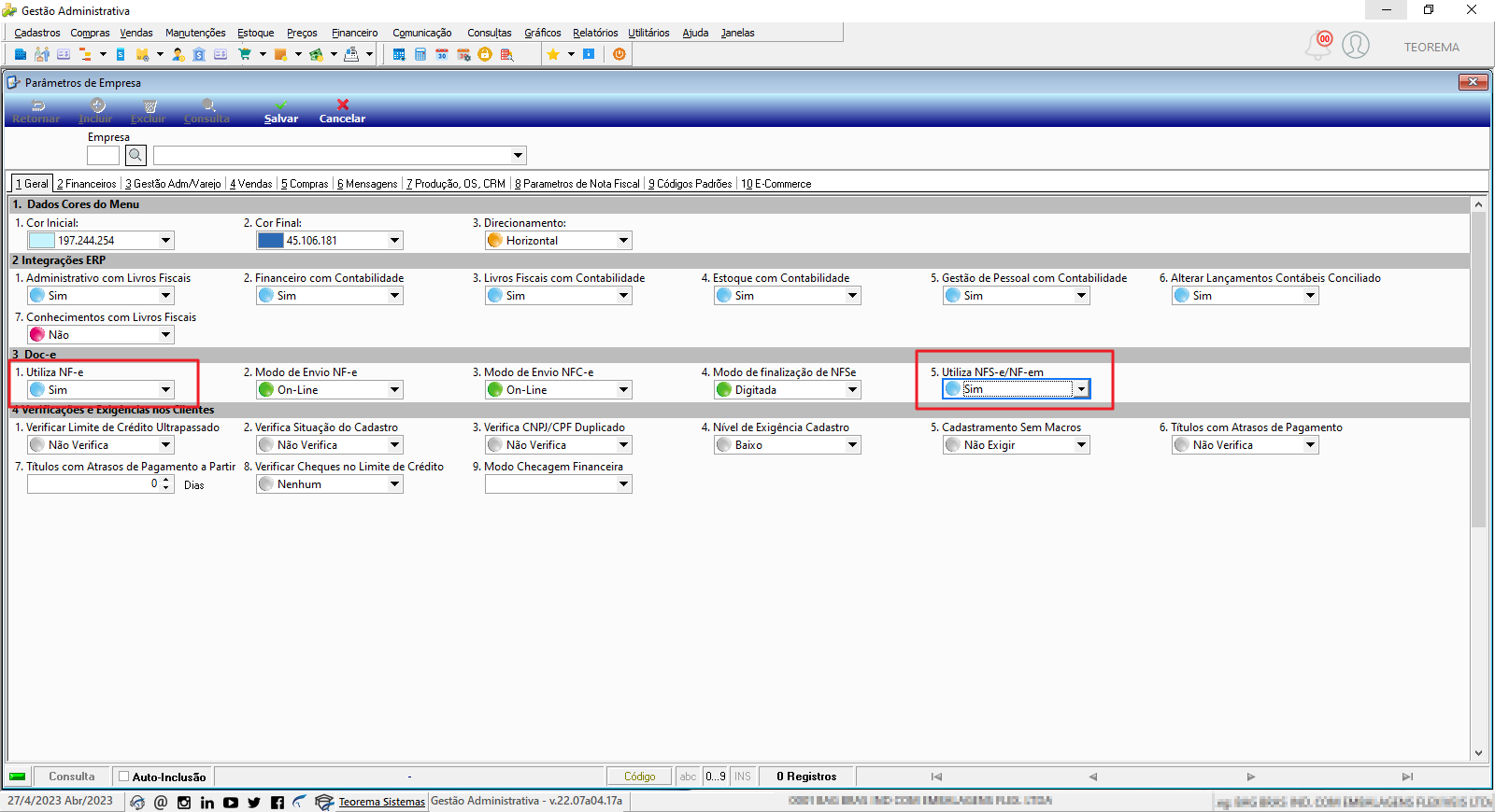 Parâmetros de Empresa — aba 1 Geral com seções Dados Cores do Menu, Integrações ERP, Doc-e (campos Utiliza NF-e = Sim e Utiliza NFS-e/NF-em = Sim destacados) e Verificações e Exigências nos Clientes
