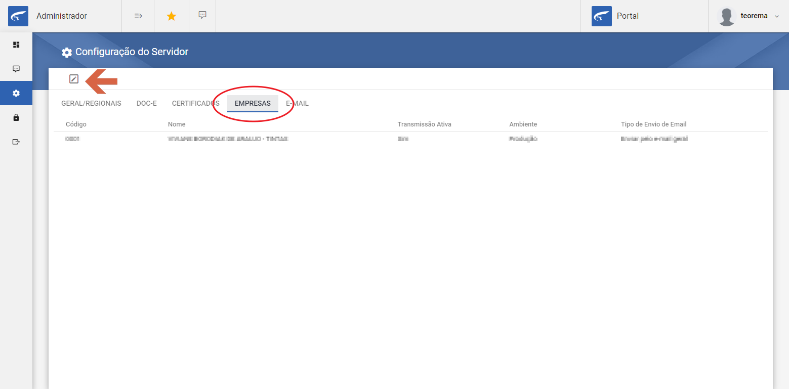 Configuração do Servidor — aba EMPRESAS com listagem de empresa cadastrada mostrando colunas Código, Nome, Transmissão Ativa (Sim), Ambiente (Produção) e Tipo de Envio de Email; ícone de edição indicado por seta