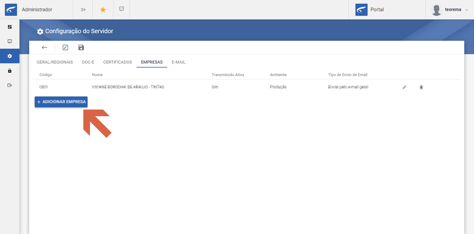 Configuração do Servidor — aba EMPRESAS com botão "+ ADICIONAR EMPRESA" destacado por seta