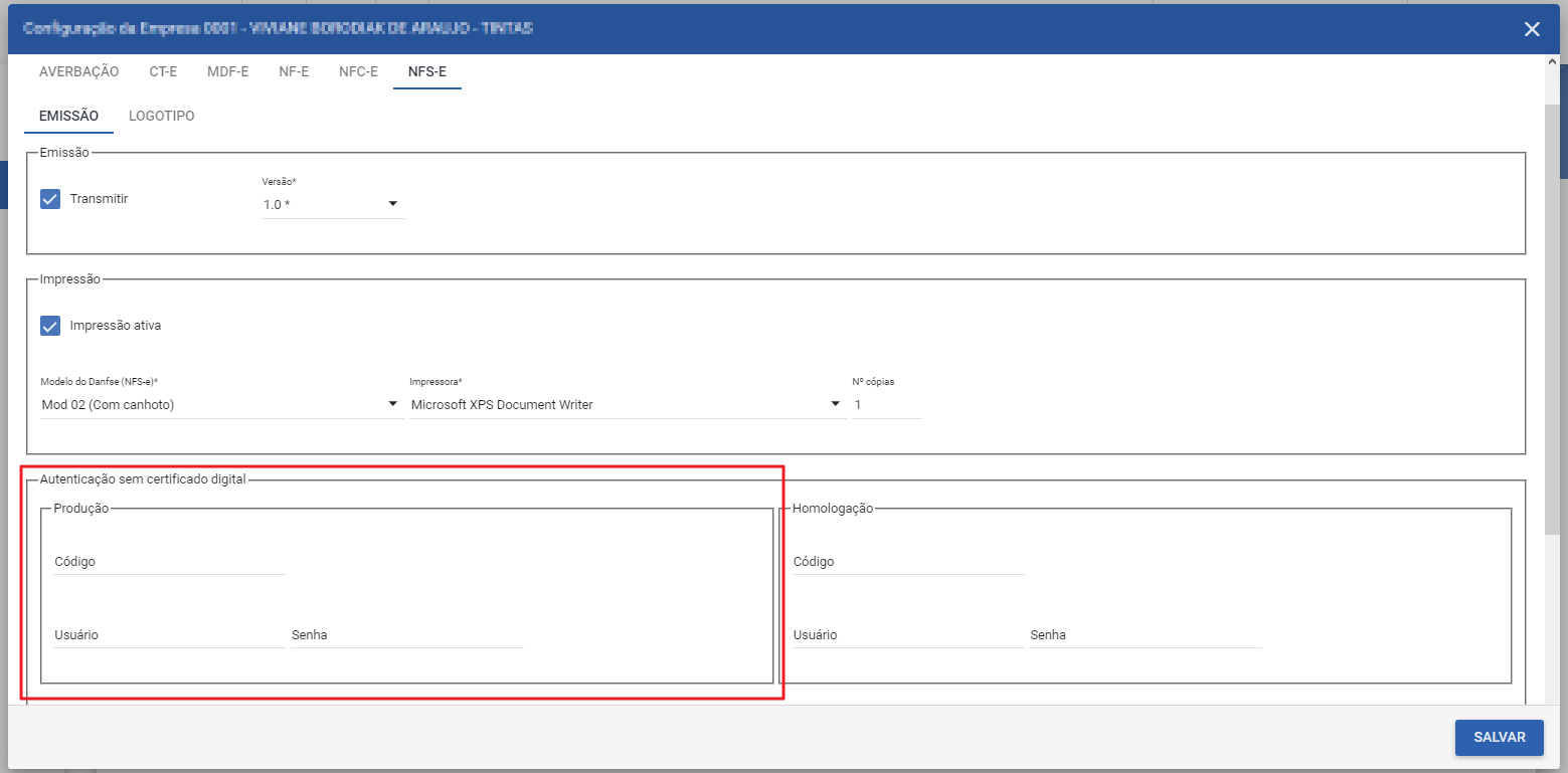 Configuração da Empresa — sub-aba NFS-E, sub-aba EMISSÃO; seção Emissão com checkbox "Transmitir" marcado e campo Versão = 1.0; seção Impressão com "Impressão ativa" marcada, Modelo do Danfse "Mod 02 (Com canhoto)", Impressora e Nº cópias = 1; seção "Autenticação sem certificado digital" destacada com campos Código, Usuário e Senha para Produção e Homologação