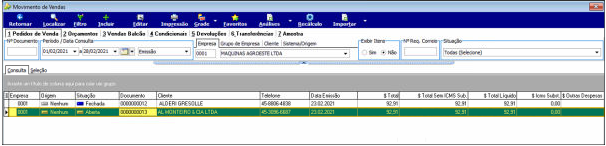 Tela Movimento de Vendas — aba Pedidos de Venda exibindo dois registros: um com situação "Fechada" e outro com situação "Aberta" para o cliente AL MONTEIRO E CIA LTDA, documento 0000000013, valor R$ 92,91