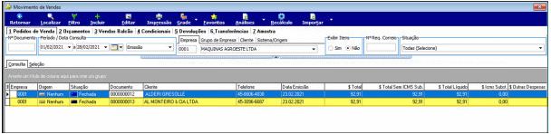 Tela Movimento de Vendas exibindo os dois pedidos do cliente AL MONTEIRO E CIA LTDA agora ambos com situação "Fechada", confirmando que o pedido 0000000013 foi fechado automaticamente após a venda no PDV