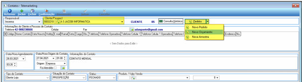 Tela Contatos – Telemarketing com ficha do cliente A S JACOB INFORMATICA (código 000210) aberta; botão "Pedido" expandido no canto superior direito exibindo as opções Novo Pedido, Novo Orçamento e Nova Amostra