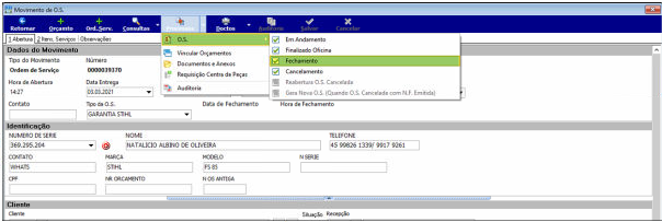 Tela Movimento de O.S. no Vendas PDV — menu O.S. expandido com a opção Fechamento em destaque; campos Ordem de Serviço e dados do cliente preenchidos