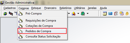 Menu Gestão Administrativa com submenu Compras expandido e opção Pedidos de Compra selecionada