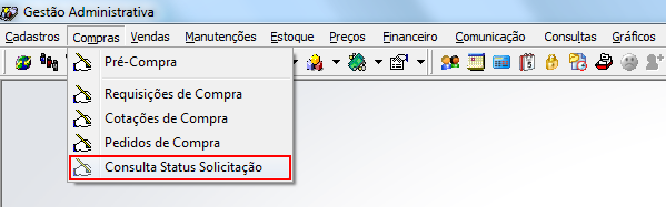Menu Gestão Administrativa com submenu Compras expandido e opção Consulta Status Solicitação destacada