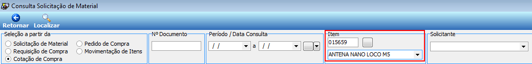 Tela Consulta Solicitação de Material com filtros Nº Documento, Período, Item (015659 ANTENA NANO LOCO M5) e Solicitante, e opções de Seleção a partir da: Solicitação de Material, Requisição de Compra, Cotação de Compra ou Pedido de Compra