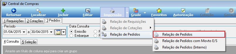 Central de Compras com menu Impressão expandido, opção Relação de Pedidos destacada dentro do submenu Relação de Pedidos