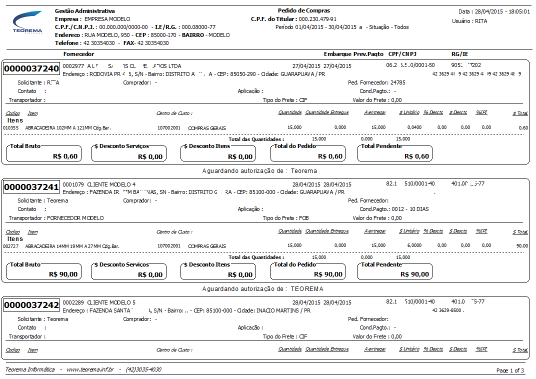 Relatório de Pedidos de Compras exibindo pedidos 0000037240, 0000037241 e 0000037242 com dados de fornecedores, itens, quantidades e situação Aguardando autorização de: Teorema