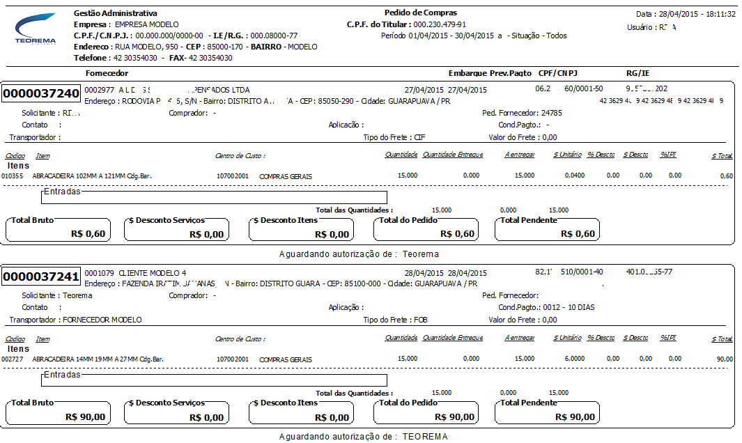 Relatório Relação de Pedidos com Movimento de Entrada exibindo pedidos com seção Entradas para cada item e situação Aguardando autorização de: Teorema