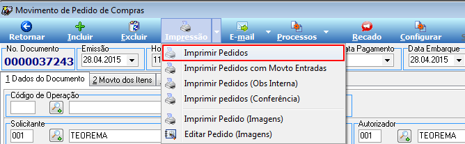 Movimento de Pedido de Compras No. 0000037243 com menu Impressão expandido exibindo todas as opções: Imprimir Pedidos, Imprimir Pedidos com Movto Entradas, Imprimir Pedidos (Obs Interna), Imprimir pedidos (Conferência), Imprimir Pedido (Imagens) e Editar Pedido (Imagens)
