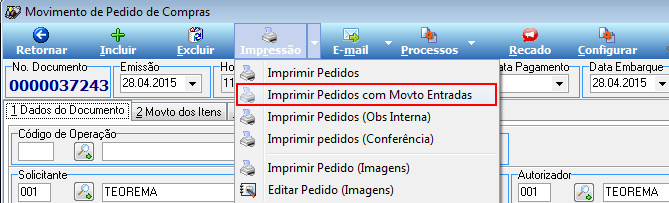 Movimento de Pedido de Compras No. 0000037243 com opção Imprimir Pedidos com Movto Entradas destacada no menu Impressão
