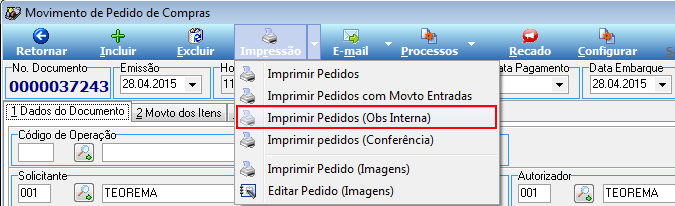 Movimento de Pedido de Compras No. 0000037243 com opção Imprimir Pedidos (Obs Interna) destacada no menu Impressão