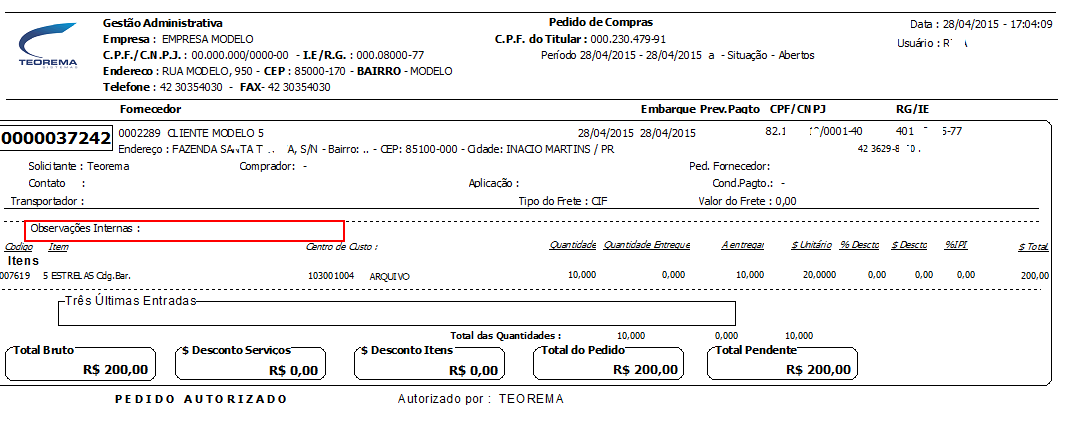 Relatório de Pedido de Compras 0000037242 com campo Observações Internas em destaque e seção Três Últimas Entradas visível