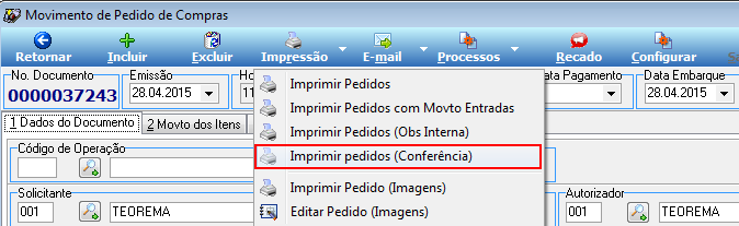 Movimento de Pedido de Compras No. 0000037243 com opção Imprimir pedidos (Conferência) destacada no menu Impressão