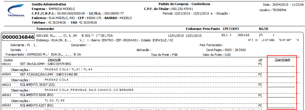 Relatório de Pedido de Compras - Conferência exibindo itens com coluna Quantidade em branco reservada para conferência manual