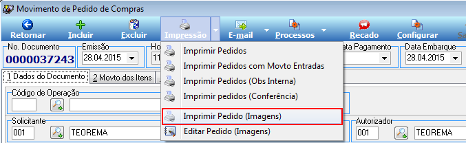 Movimento de Pedido de Compras No. 0000037243 com opção Imprimir Pedido (Imagens) destacada no menu Impressão
