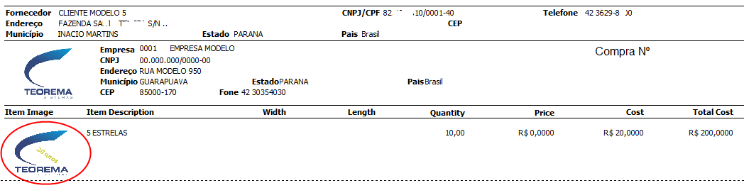 Relatório de Pedido de Compras com imagem do item 5 ESTRELAS exibida na coluna Item Image, junto com descrição, largura, comprimento, quantidade, preço e custo total