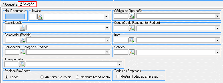 Aba 5 Seleção com campos No. Documento, Usuário, Código de Operação, Classificação, Condição de Pagamento, Comprador, Item, Fornecedor - Cotação e Pedidos, Serviço, Transportador, Pedidos Em Aberto e Todas as Empresas