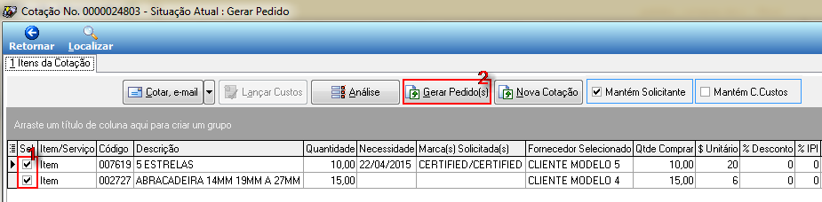 Tela Cotação No. 0000024803 - Situação Atual: Gerar Pedido com dois itens selecionados e botão Gerar Pedido(s) destacado