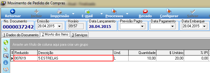 Movimento de Pedido de Compras No. 0000037242, aba 2 Movto dos Itens, com item 007619 5 ESTRELAS listado