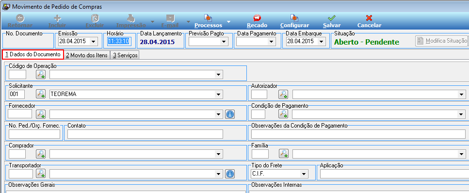 Movimento de Pedido de Compras com aba 1 Dados do Documento em foco, campos Código de Operação, Solicitante, Autorizador, Fornecedor, Condição de Pagamento, No. Ped./Orc. Fornec., Contato, Comprador, Família, Transportador, Tipo do Frete e Observações Gerais e Internas